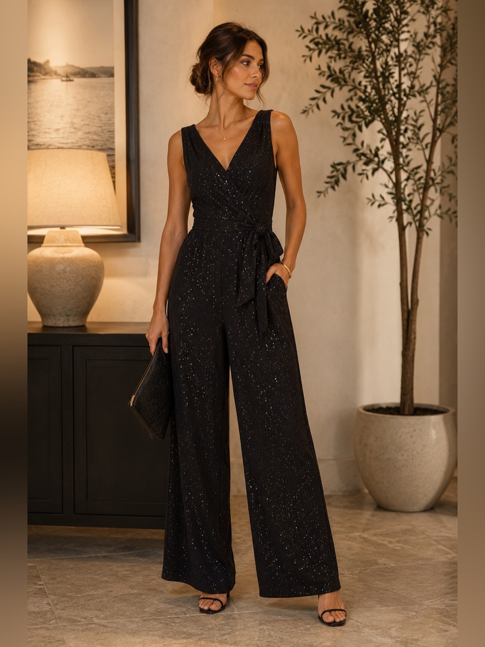 Signature by Robbie Bee Sparkle Sleeveless Black Faux Wrap Pant Jumpsuit Medium